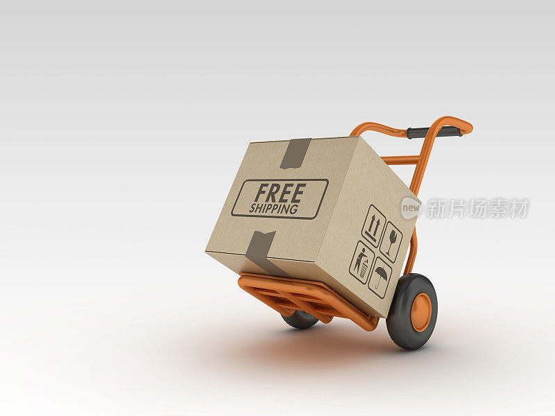 手卡车和纸板箱与免费运输标签- 3D渲染